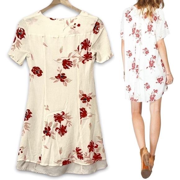 GENTLE FAWN 90s Ivory Floral Short Sleeve Button Front V-Neck Skater Dress XS - Picture 2 of 4